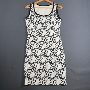 Vintage Black White Floral Embroidered Shift Dress Sleeveless Scoop Neck Knee L